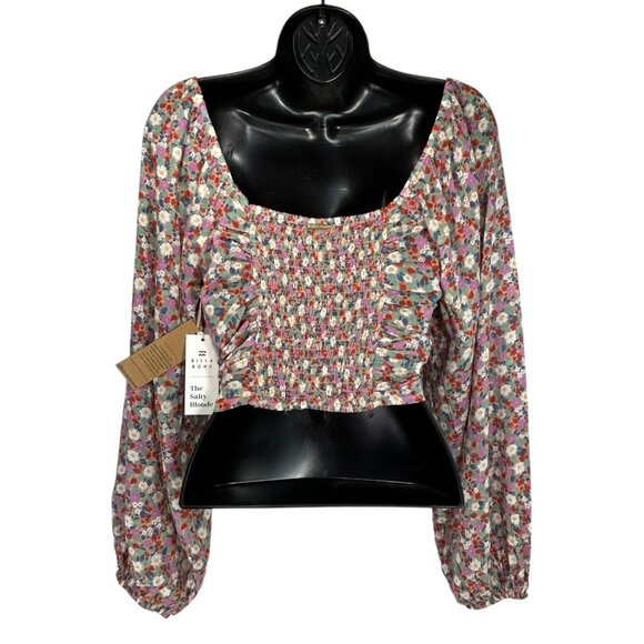 BILLABONG THE SALTY BLONDE Free Love Crop Top Sz M Multicolor Floral Puff Sleeve - Picture 10 of 16